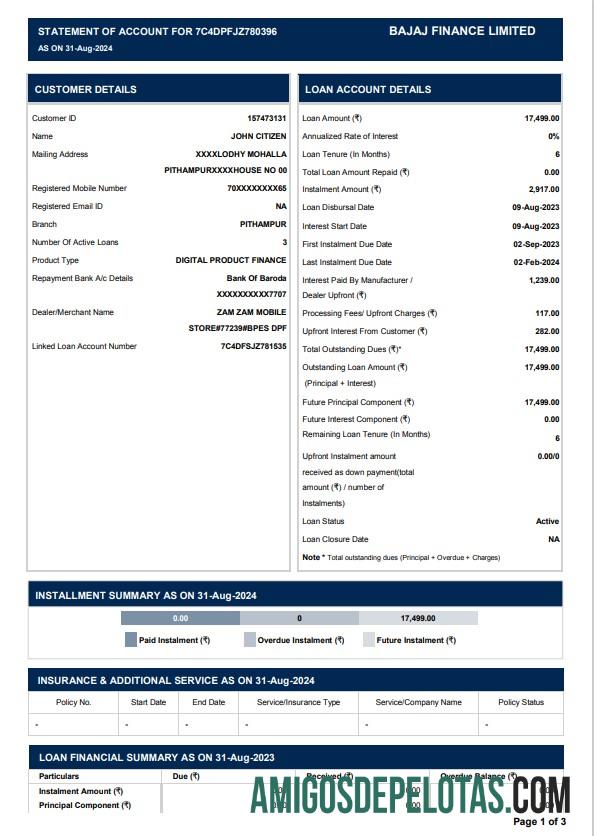 modelo de extrato bancário para impressão INDIA BAJAJ FINANCE LIMITED, formato Word e PDF